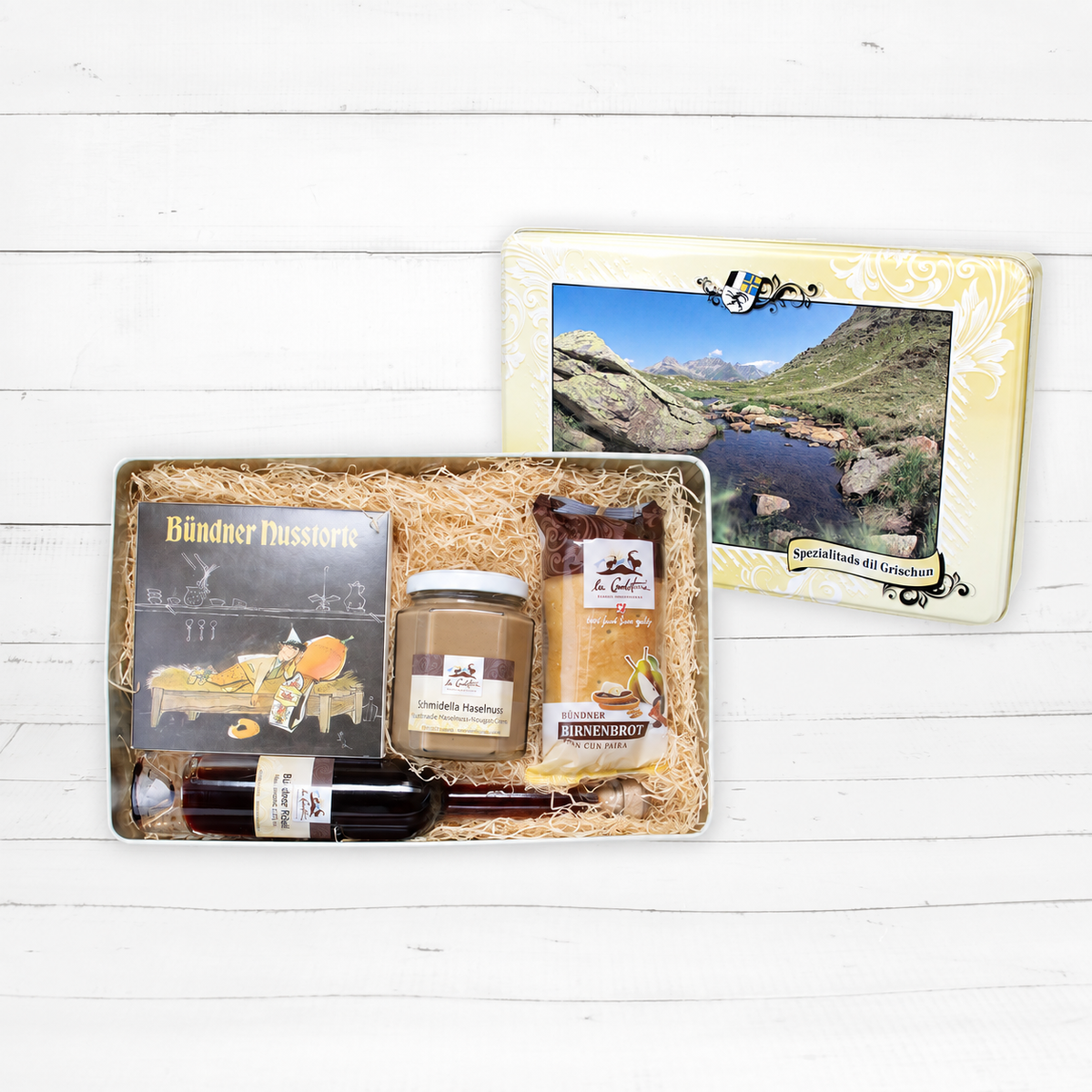 Geschenkdose „Spezialitads dil Grischun“ – Bündner Spezialitäten - La Conditoria SEDRUN-SWITZERLAND®