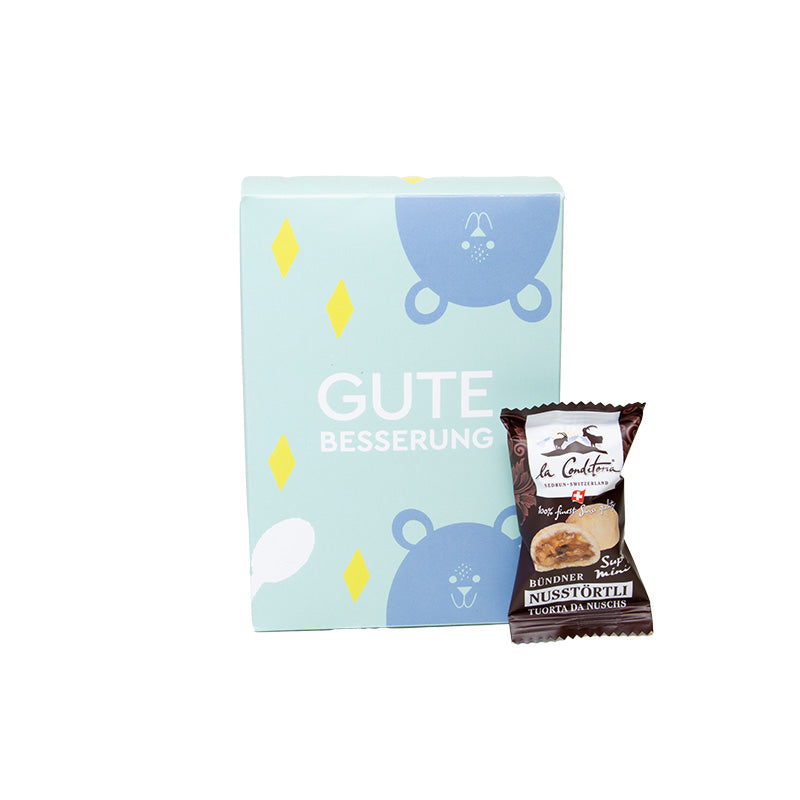 "Gute Besserung" Schachtel Super Mini Bündner Nusstörtli, 150g