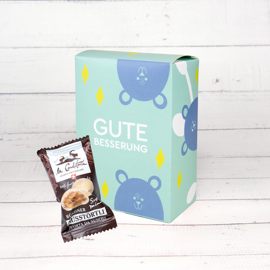 "Gute Besserung" Schachtel Super Mini Bündner Nusstörtli, 150g